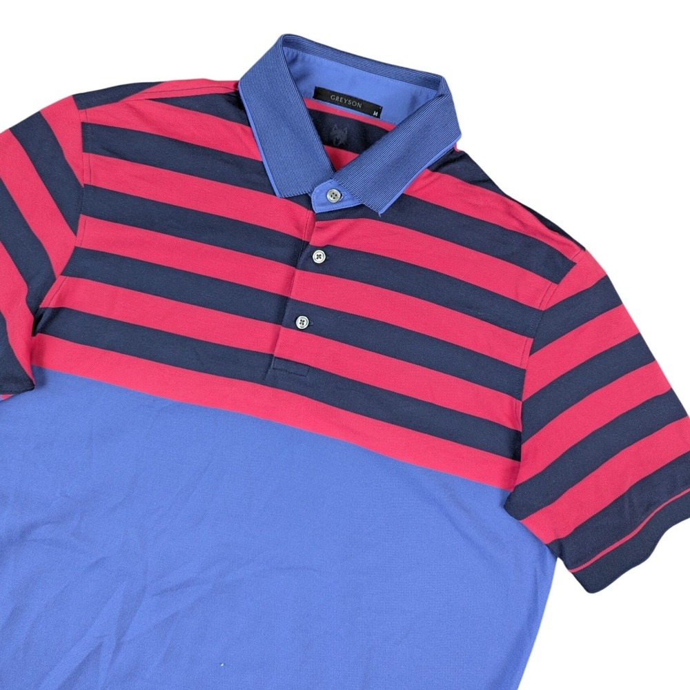 Greyson Mens Polo Shirt Medium Blue Red Striped Pima Cotton Stretch Golf Top